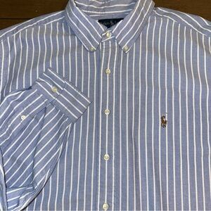 Ralph Lauren Mens 18 34/35 LS Blue White Striped Classic Button Down Flesh Pony